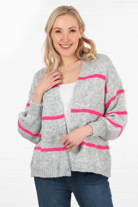 Wool Blend Open Front Cardigan Thin Stripes in Light Grey and Fuchsia
