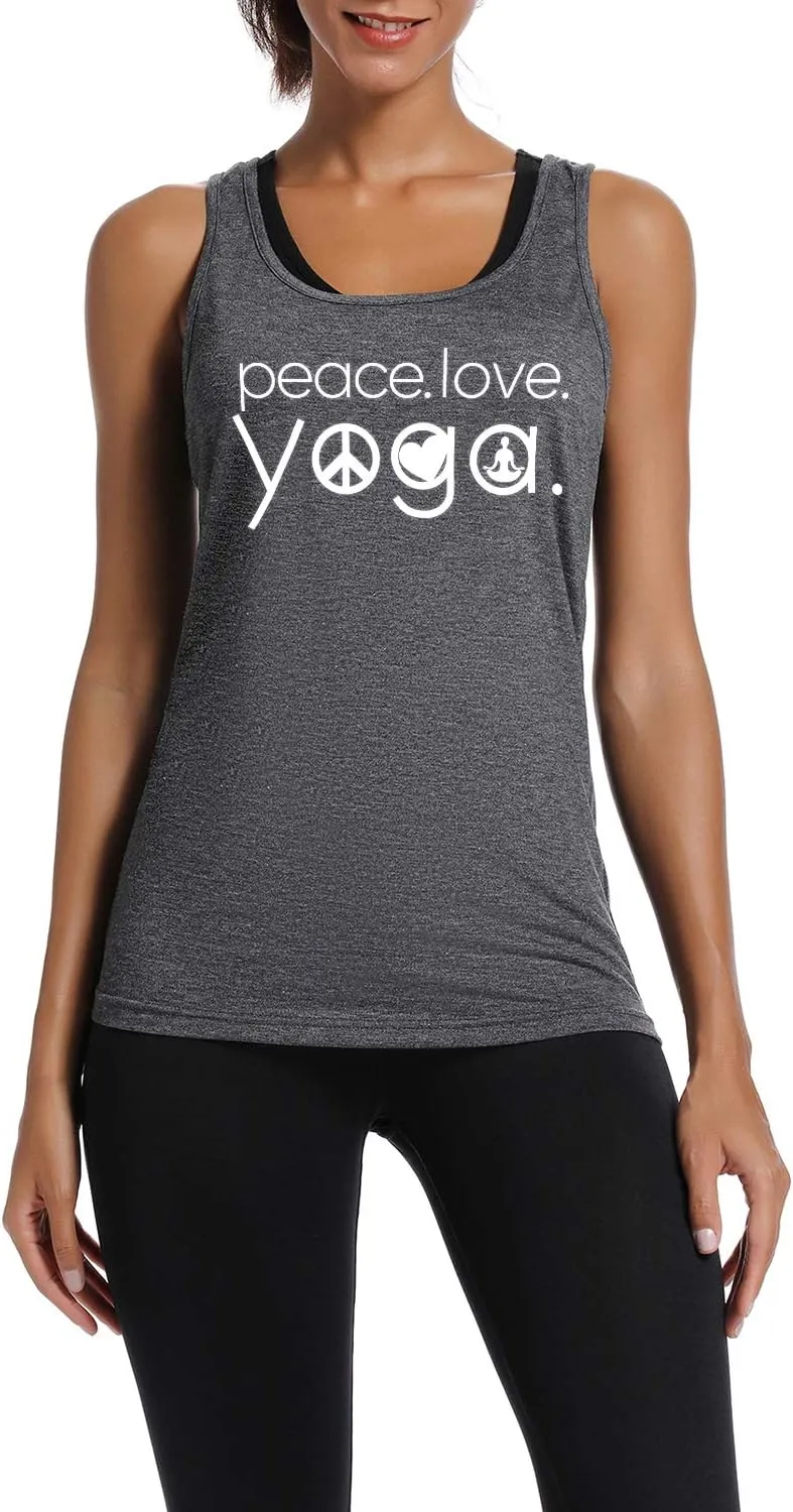 Workout Tank Tops for Women-Womens Peace Love Yogo Funny Saying Fitness Gym Racerback Sleeveless Shirts