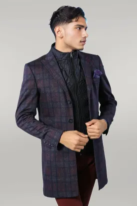 WSS Double-Breasted Plaid Burgundy Men Coat  - Singen