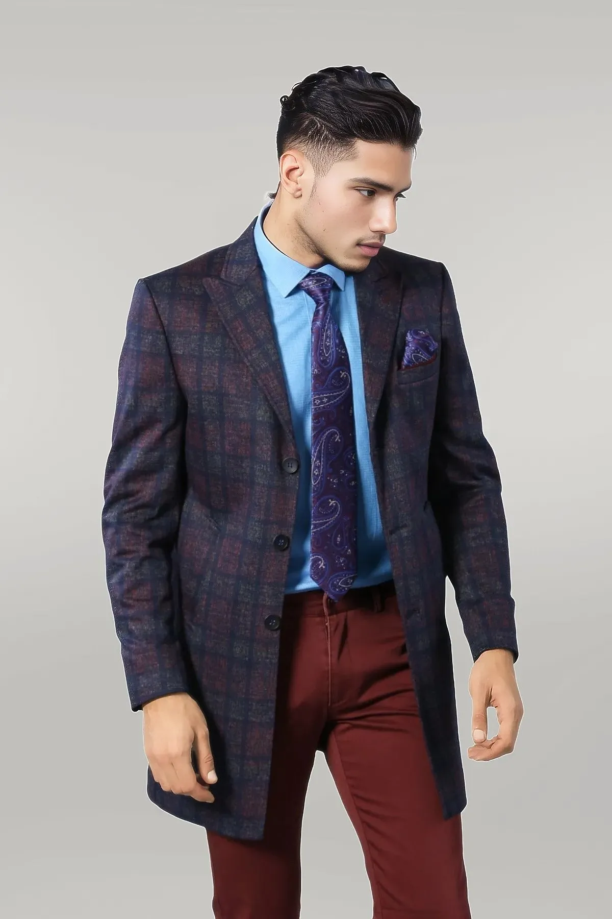 WSS Double-Breasted Plaid Burgundy Men Coat  - Singen