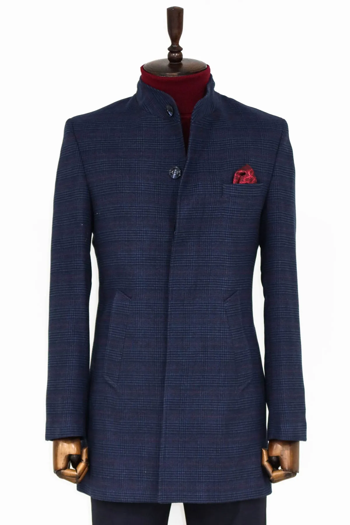 WSS Standing Collar Checked Navy Blue Men Coat  - Singen