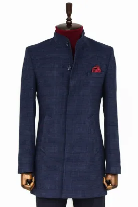 WSS Standing Collar Checked Navy Blue Men Coat  - Singen