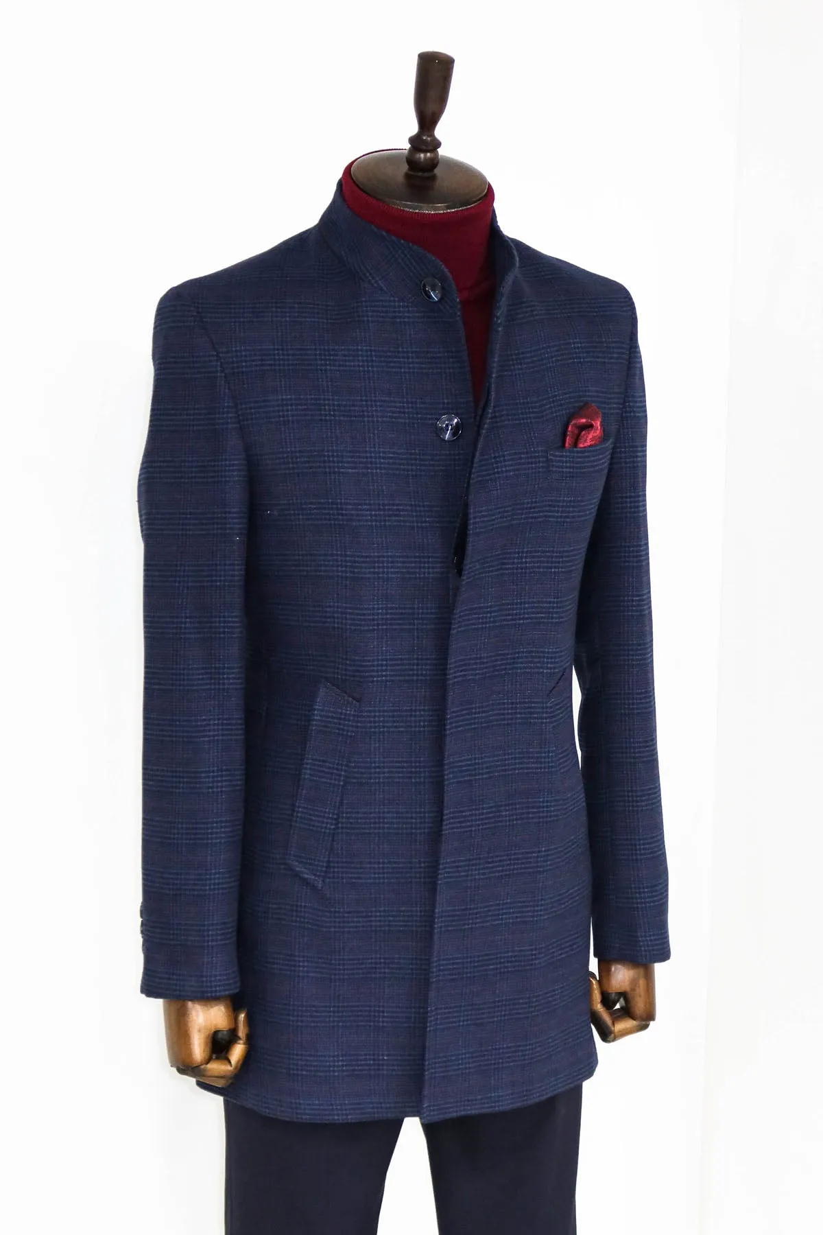 WSS Standing Collar Checked Navy Blue Men Coat  - Singen