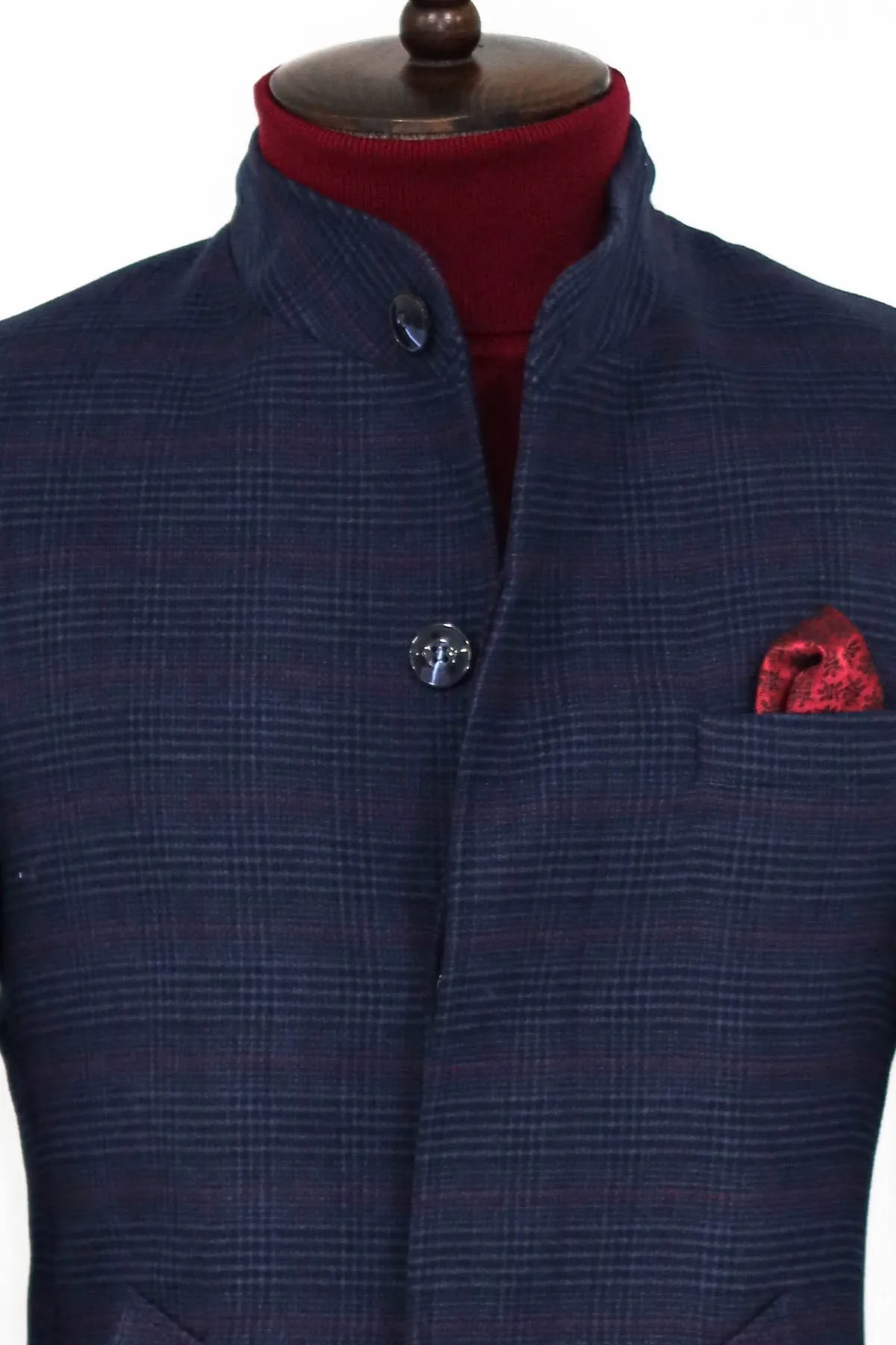 WSS Standing Collar Checked Navy Blue Men Coat  - Singen