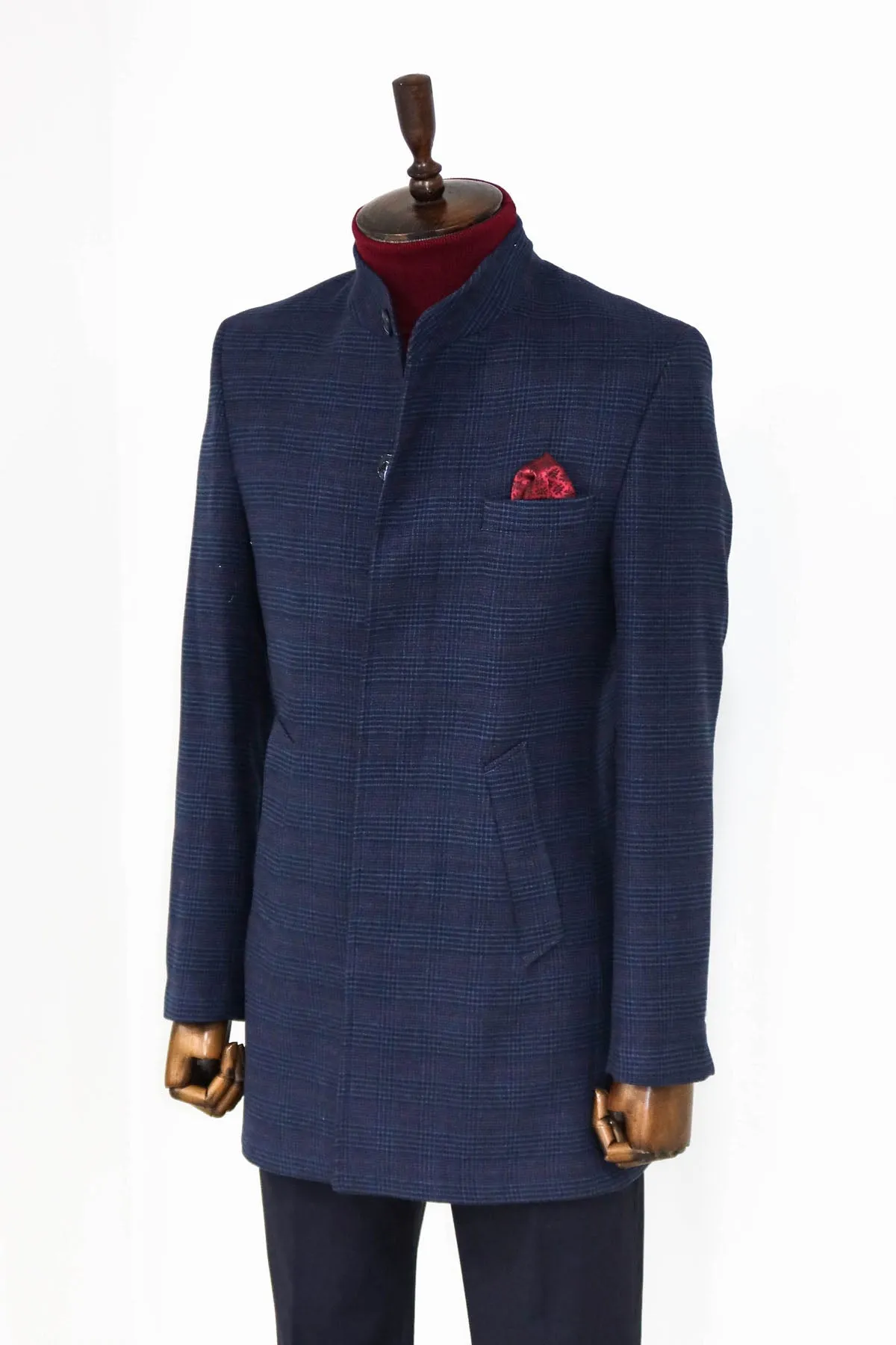 WSS Standing Collar Checked Navy Blue Men Coat  - Singen