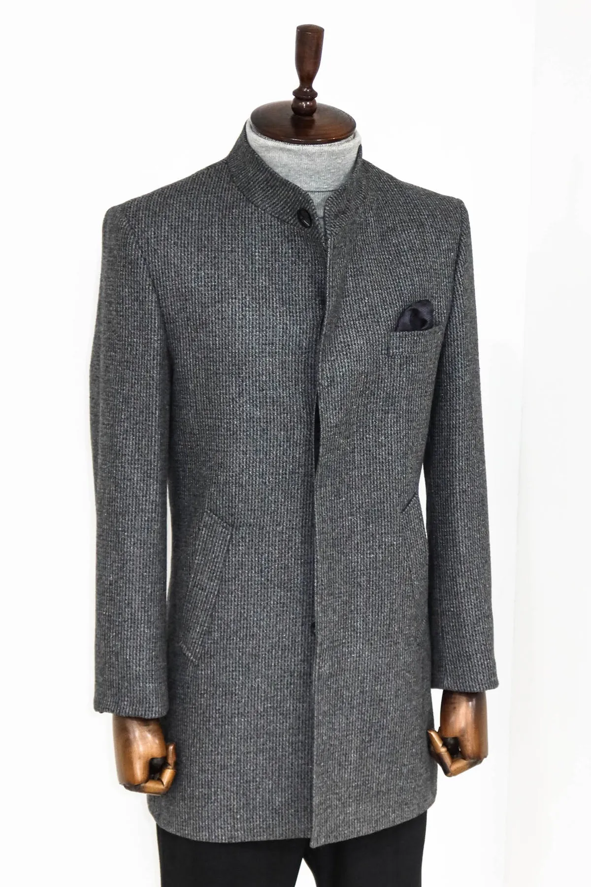 WSS Standing Collar Patterned Grey Men Coat  - Singen