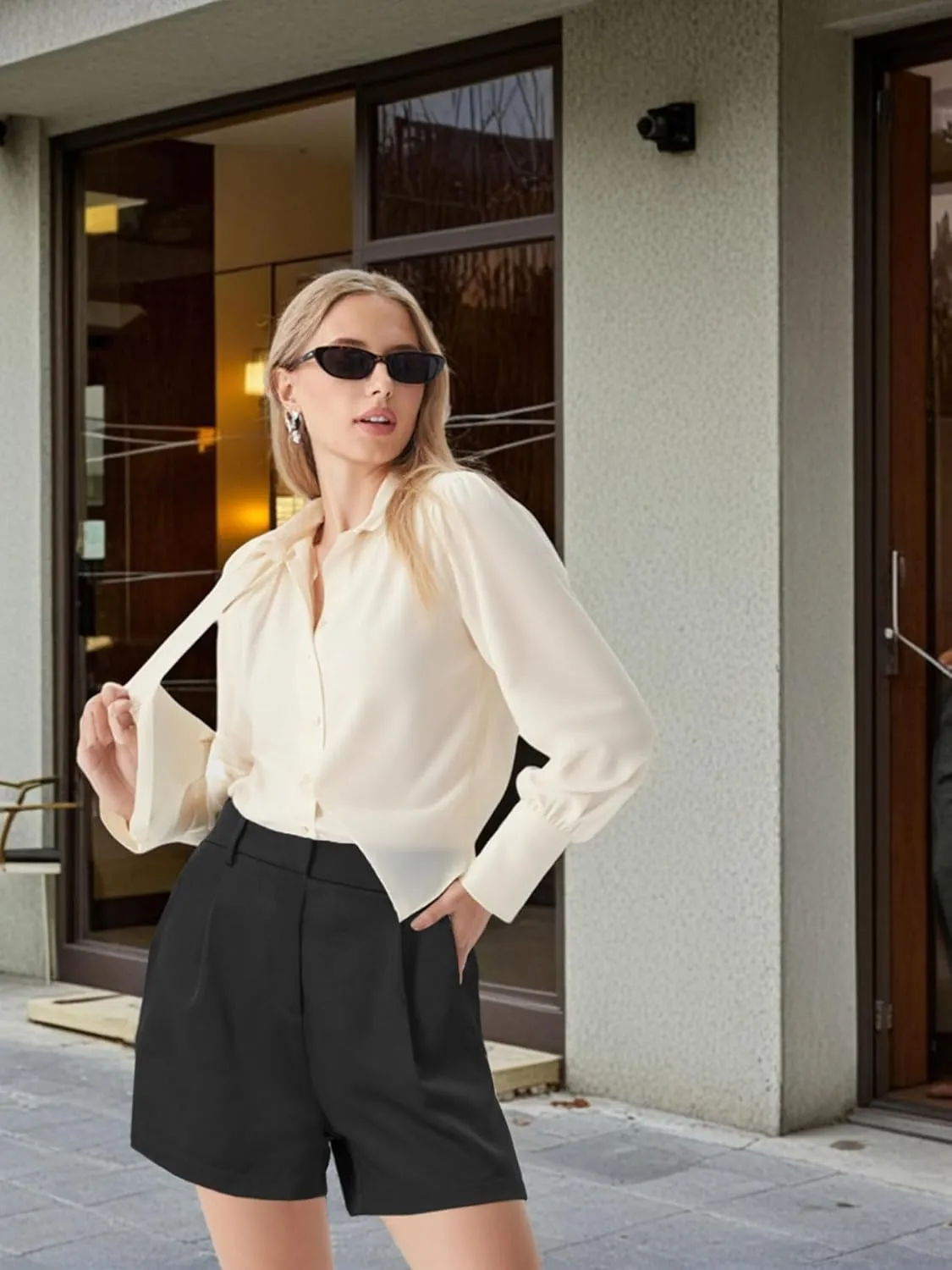 XinYangNi Casual Elastic High Waisted Tailored Work Business Pleated Wide Leg Dressy Shorts with 2 Pockets for Women