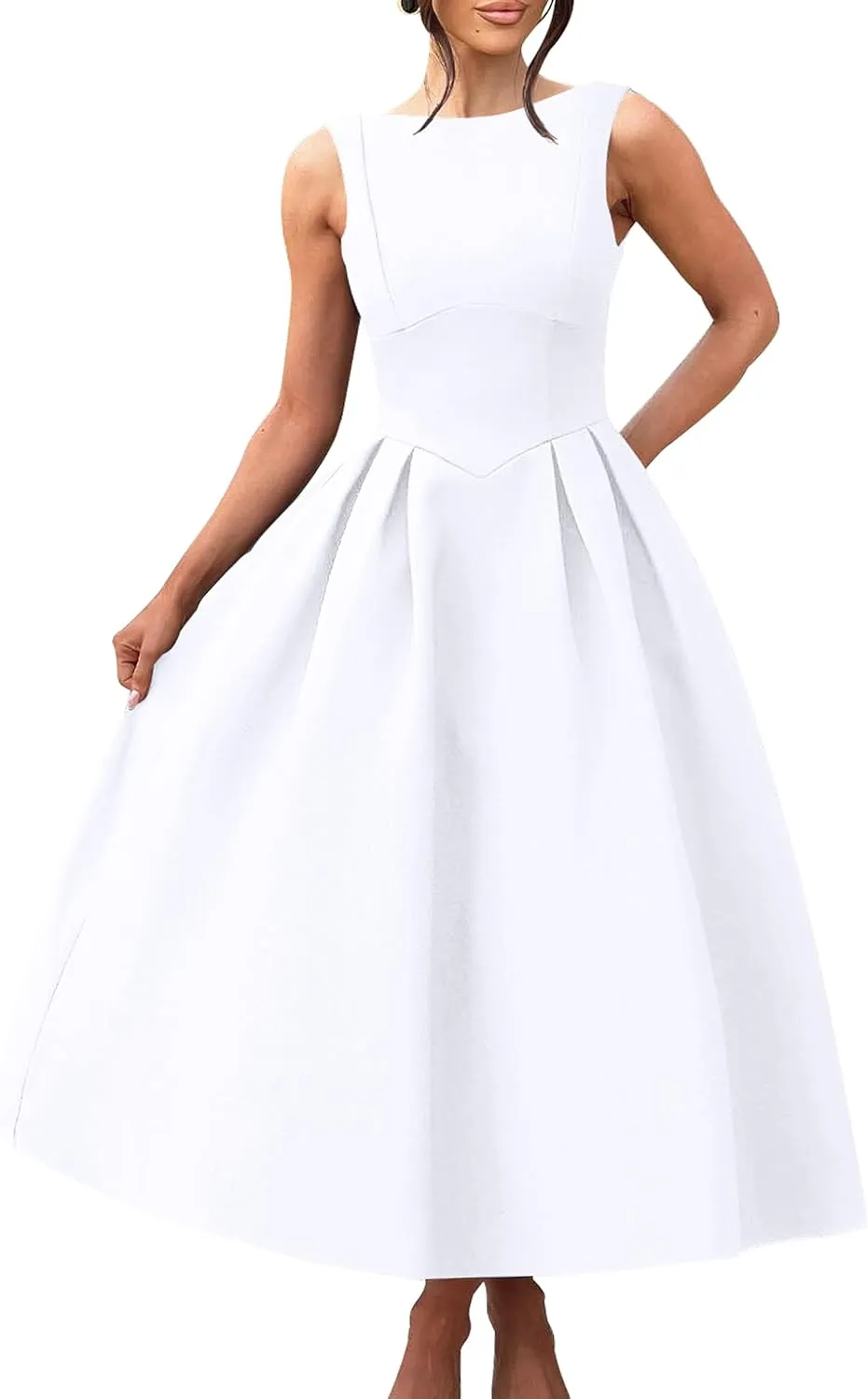 YMDUCH Women's Elegant Sleeveless Crew Neck Backless Swing A Line Evening Party Long Dress