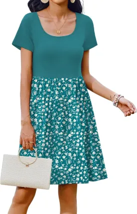 Zeagoo Womens Casual Dress Floral Patchwork Summer Dress Square Neck Short Sleeve A Line Flowy Swing Mini Dress with Pockets