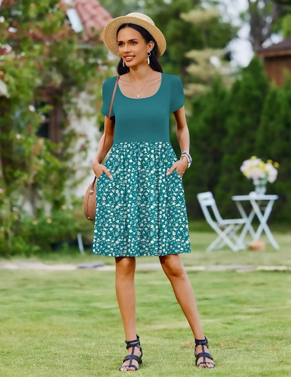 Zeagoo Womens Casual Dress Floral Patchwork Summer Dress Square Neck Short Sleeve A Line Flowy Swing Mini Dress with Pockets