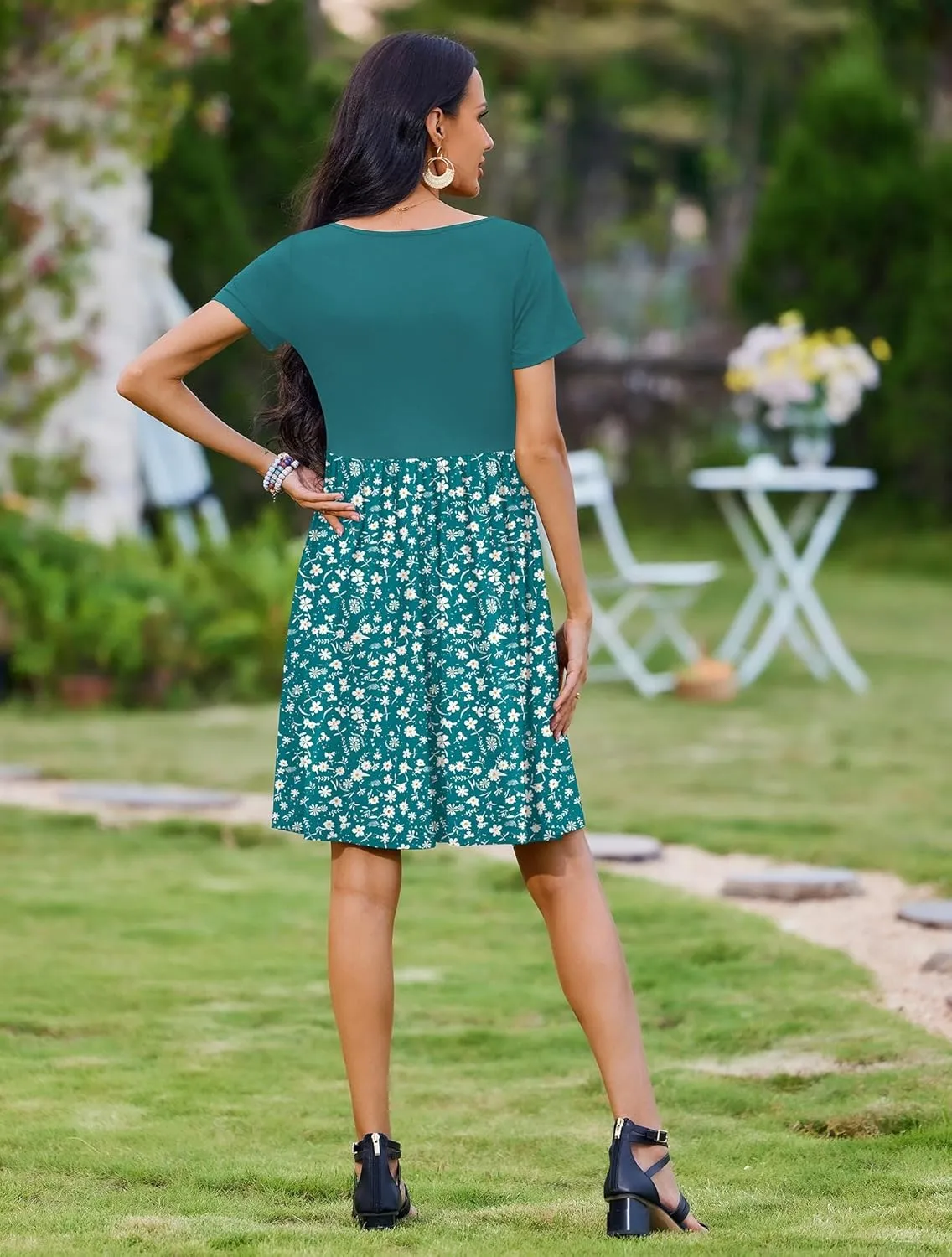 Zeagoo Womens Casual Dress Floral Patchwork Summer Dress Square Neck Short Sleeve A Line Flowy Swing Mini Dress with Pockets