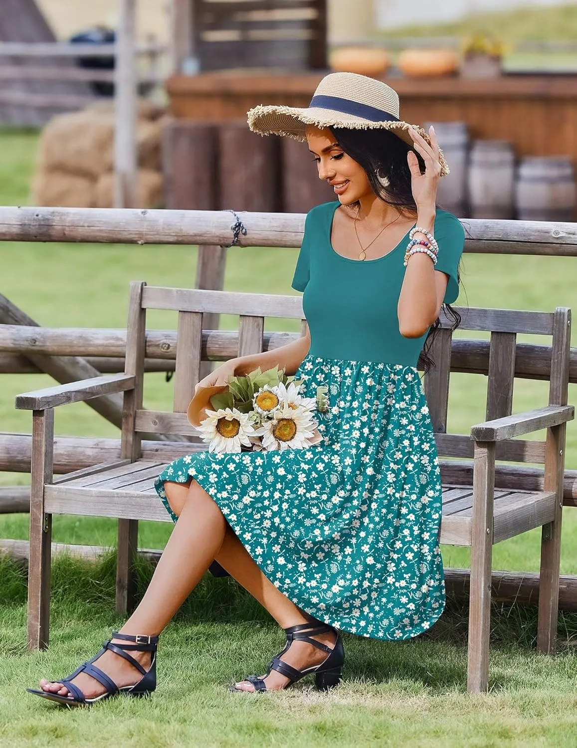 Zeagoo Womens Casual Dress Floral Patchwork Summer Dress Square Neck Short Sleeve A Line Flowy Swing Mini Dress with Pockets