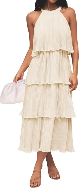 ZESICA Women's 2025 Summer Sleeveless Halter Neck Ruffle Tiered Layed Chiffon Flowy Swing Long Midi Dress